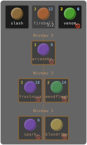AttackPanel — attacks and spells, dimmed while on cooldown or short on resources