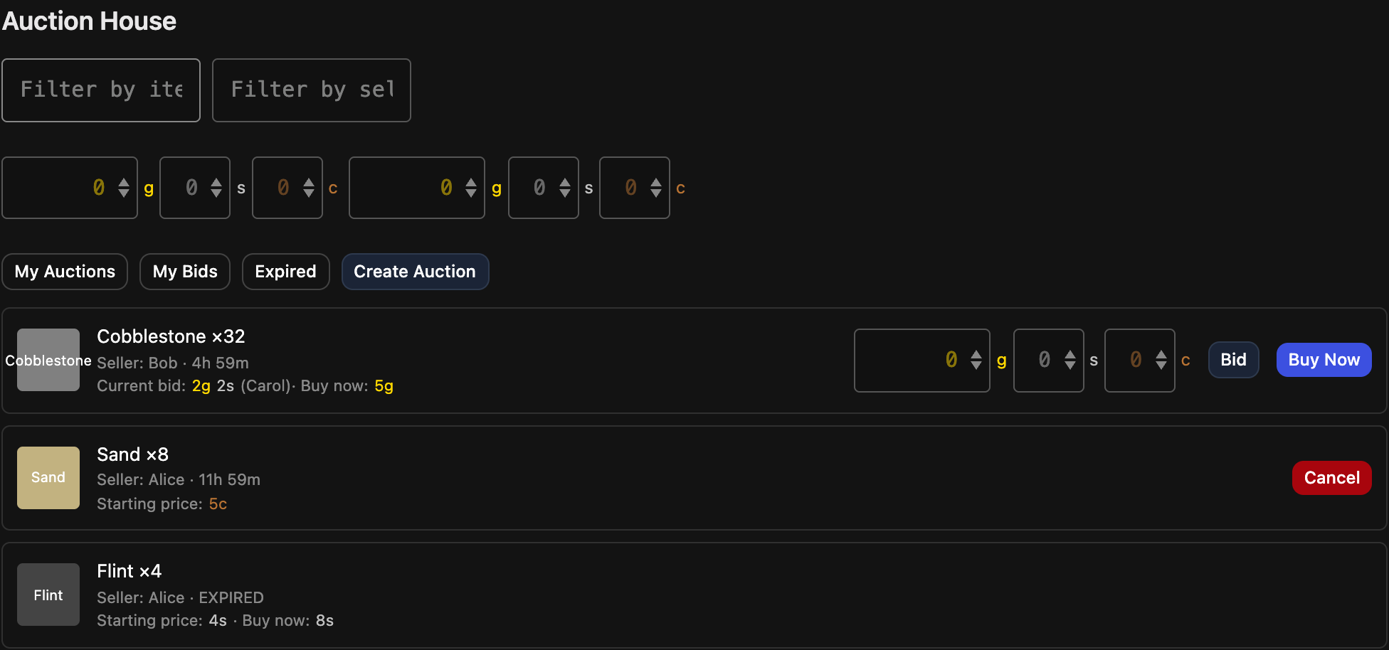 Auction house — active listings, bids and buy-now