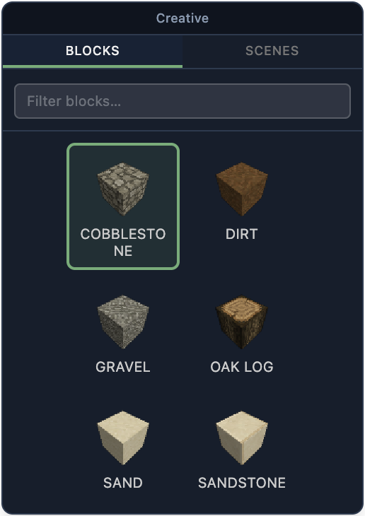 Creative mode — floating palette of every buildable block and scene