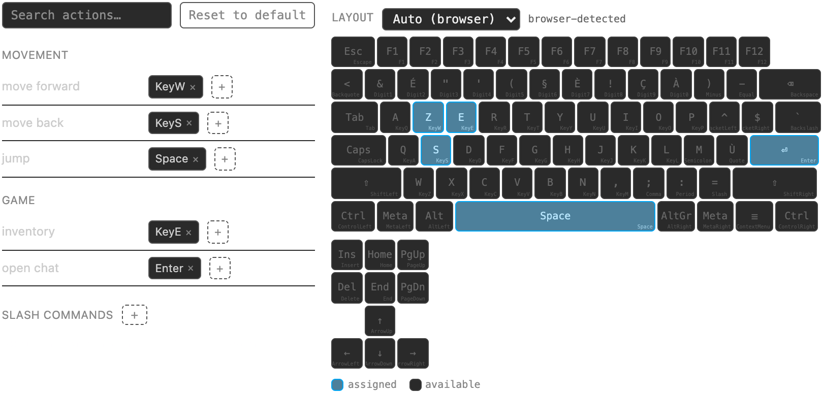 Preferences → Keybindings — rebind actions and custom slash commands