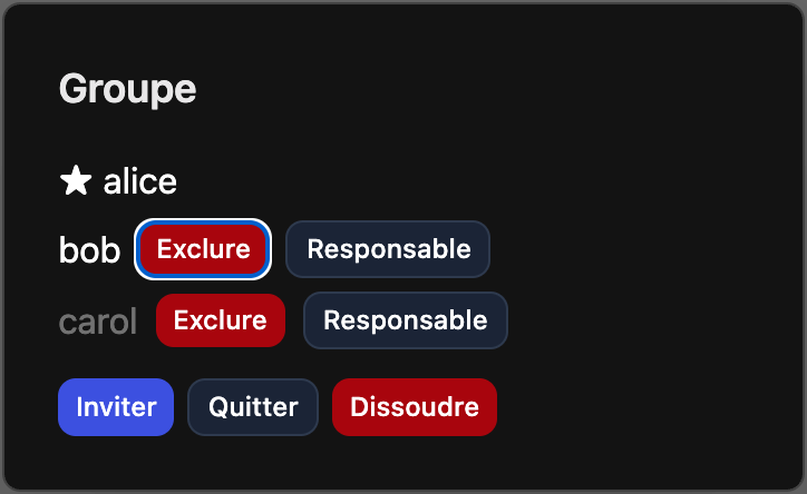 Group panel — members and leader controls