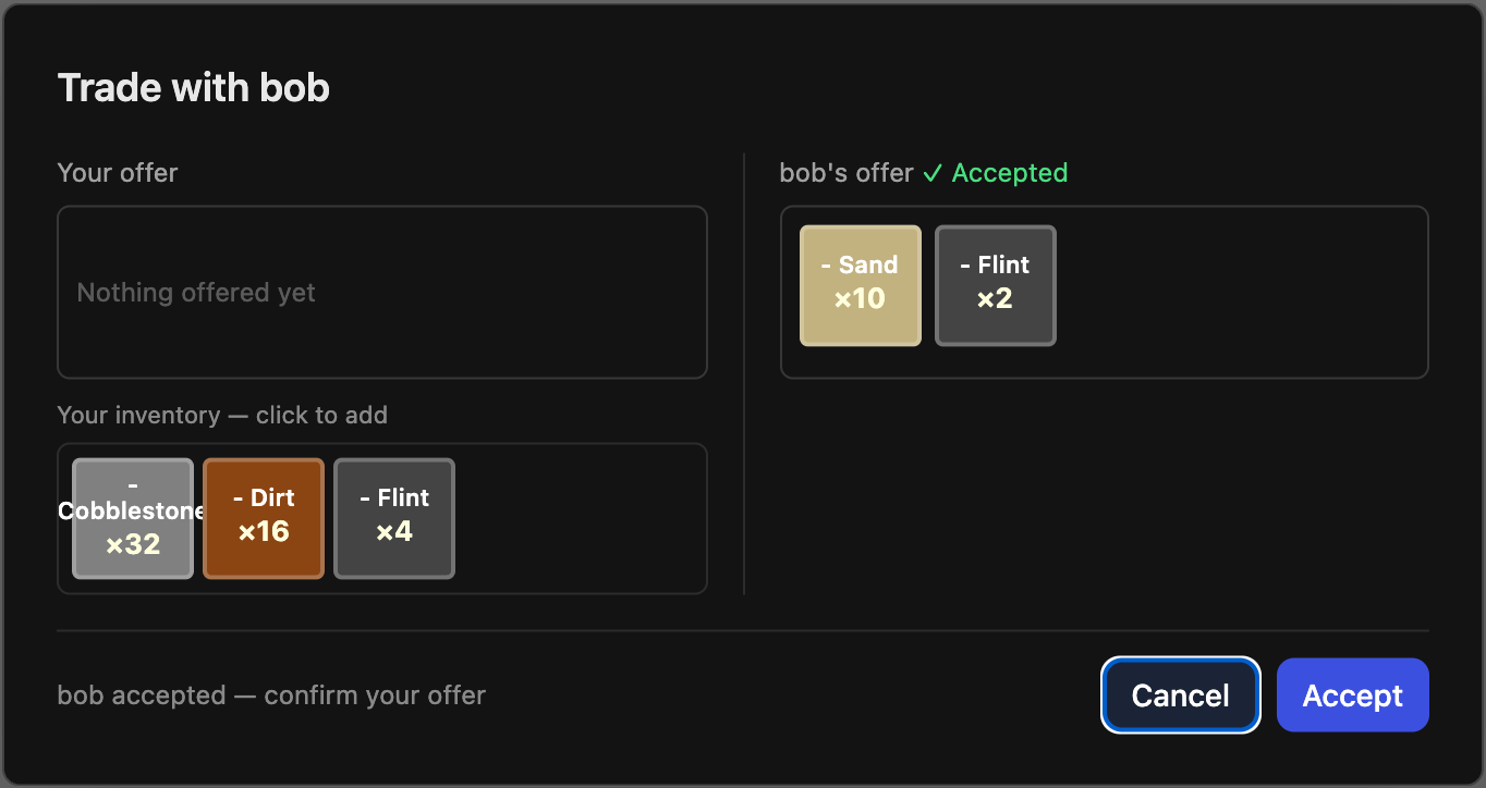 Trade window — both offers, awaiting mutual accept